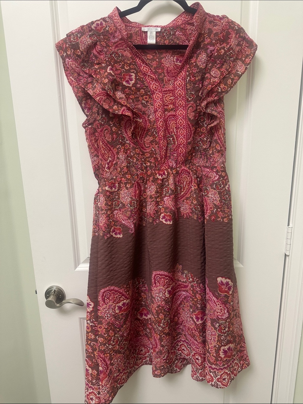 London Times Pink and Brown Paisley Ruffle Midi Dress with V-Neck